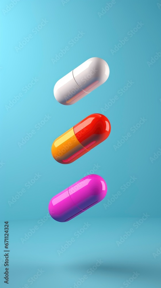 Different medical pills, tabs and capsules falling on solid color background Different medical pills, tabs and capsules falling on solid color background