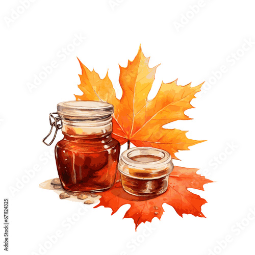 maple syrup in glass jar and autumn leaves watercolor for food decor on white background