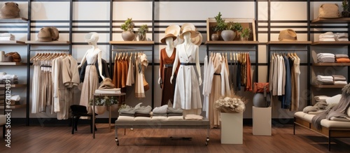 Trendy clothes showcased in a boutique store.