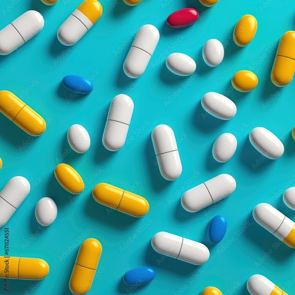 Pattern of pills and medicine capsules on vivid color background Pattern of pills and medicine capsules on vivid color background