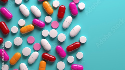 Pattern of pills and medicine capsules on vivid color background