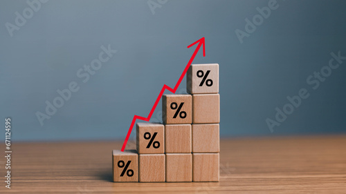 Interest rate and high return concept, business growth increase interest, money, fund, cost and capital, return on stocks and mutual funds, long term investment for retirement percentage symbol arrow.