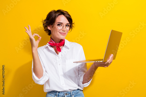 Photo of attractive positive person hold netbook demonstrate okey symbol isolated on yellow color background photo