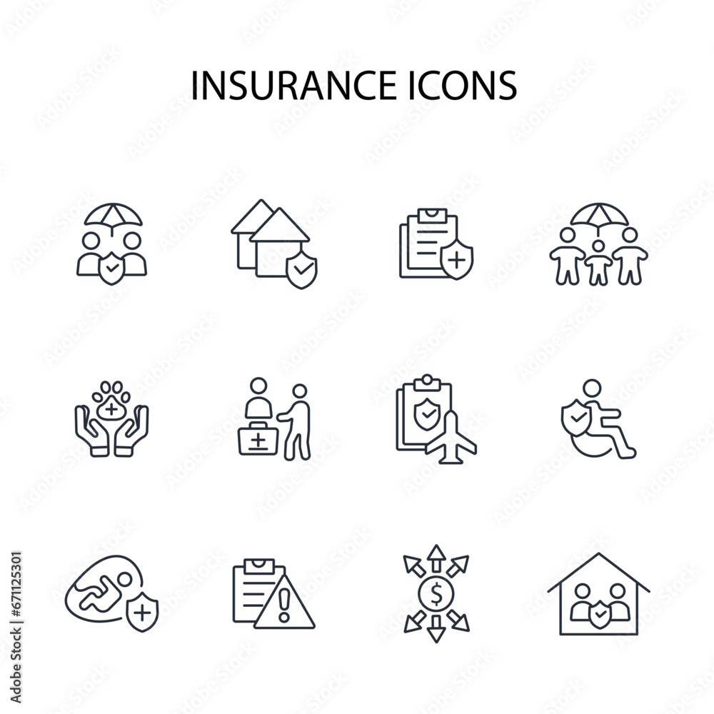 Insurance and assurance icon set.vector.Editable stroke.linear style sign for use web design,logo.Symbol illustration.