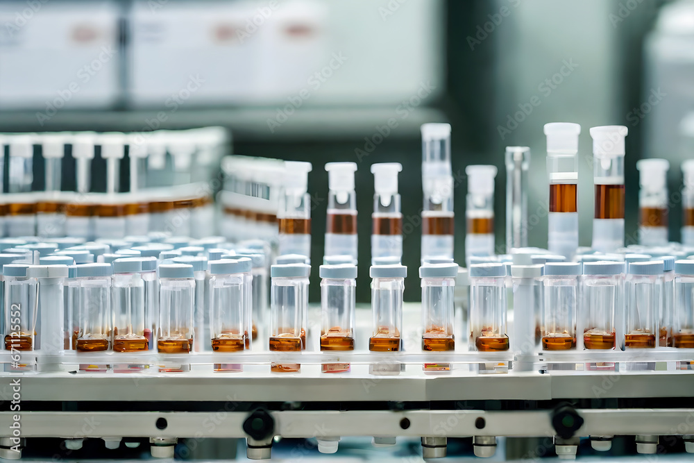 Medical vials on production line at pharmaceutical factory. AI generated Medical vials on production line at pharmaceutical factory. AI generated