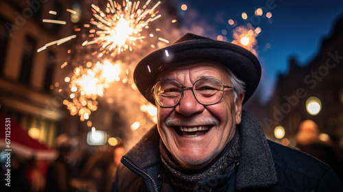 A joyful elderly man smiles warmly with a sparkling firework illuminating his face amidst a background of twinkling lights.