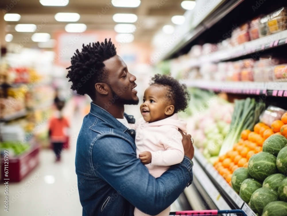 African Americans shopping in supermarkets with babies