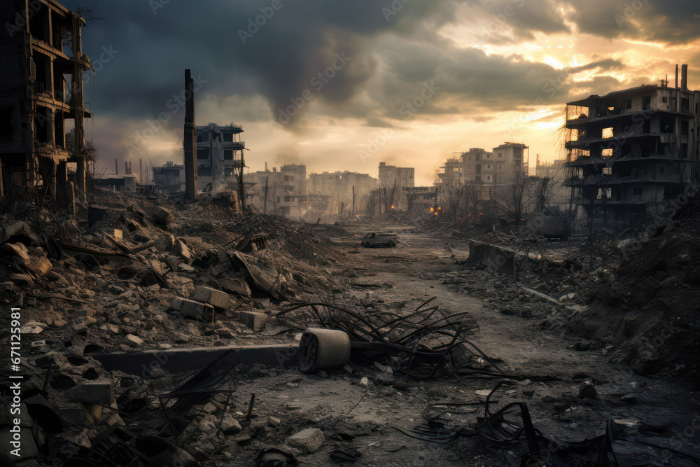 War-Torn Cityscape, Haunting Ruins of a Once-Thriving Metropolis - obrazy, fototapety, plakaty 