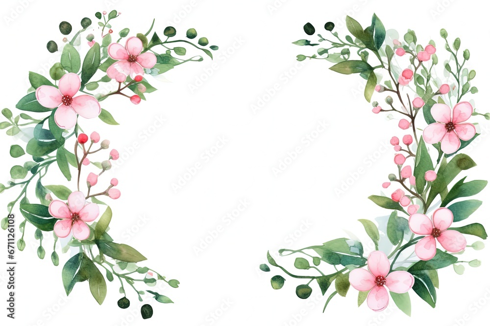 Vibrant Pink Floral Wreath Border on White Background