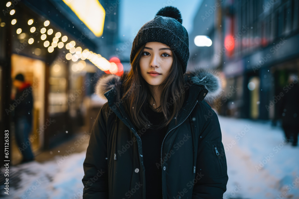 Fototapeta premium Young Asian woman standing on the streets on a city winter scene