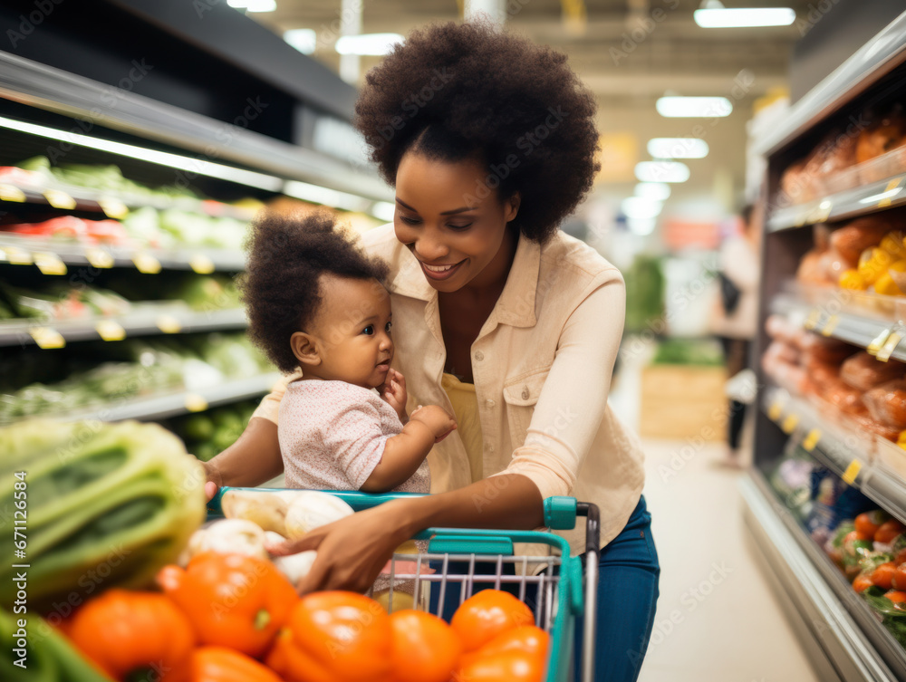 African Americans shopping in supermarkets with babies