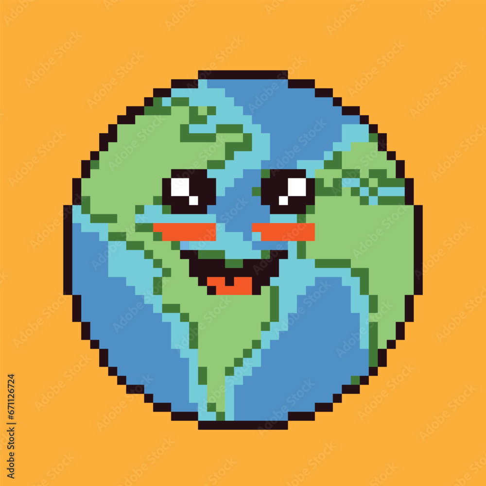 Fototapeta premium Smiling earth emoticon pixel art