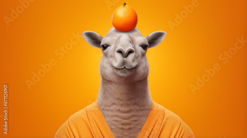 A small camel wearing orange suit caught orange on his head with isolated background