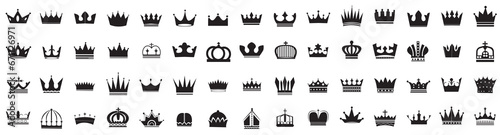 60 crown icons. Set of black crown icons collection photo