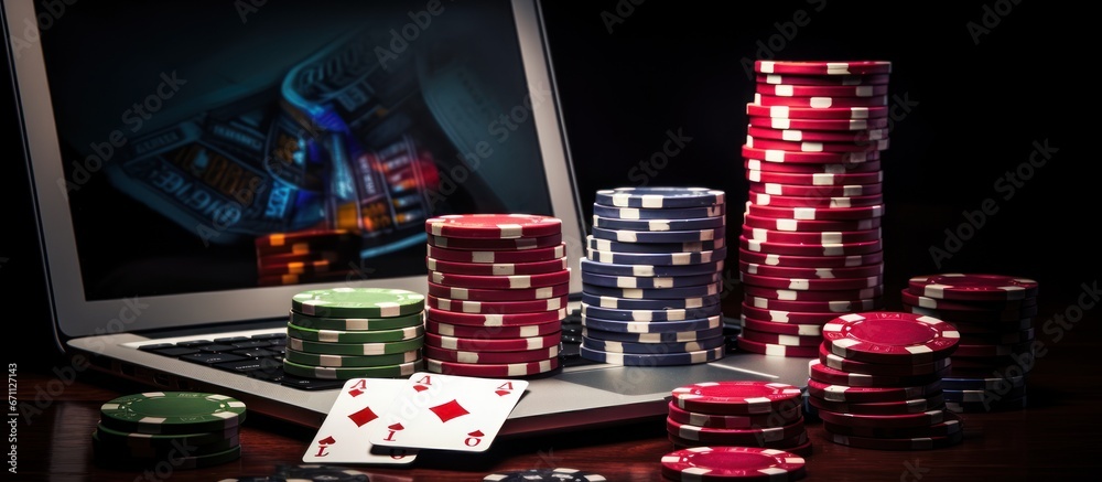 Online casino and internet betting depicted with a laptop and various gambling chips and dice.
