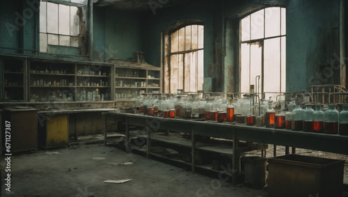 A dilapidated, abandoned laboratory with broken containment tanks and mutated specimens.