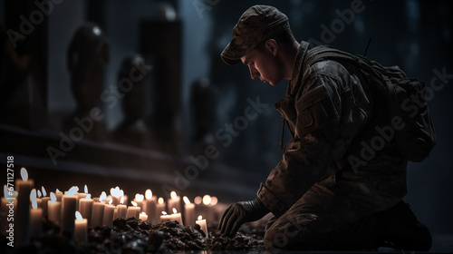 soldier lighting a candle at a war memorial, against a somber black background