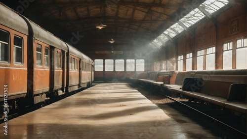 A dusty, abandoned train station with trains frozen in time, waiting for passengers who will never come.