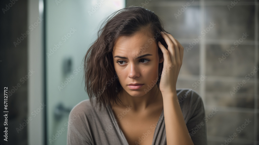 sad woman with hair loss problems looking in a mirror - obrazy, fototapety, plakaty 