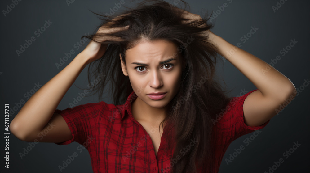 stressed woman holding her head with her hands and having messy hair stressed woman holding her head with her hands and having messy hair