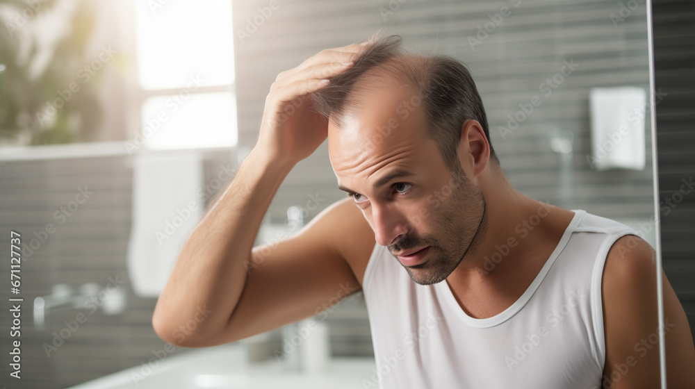 man with hair loss looking in a mirror man with hair loss looking in a mirror