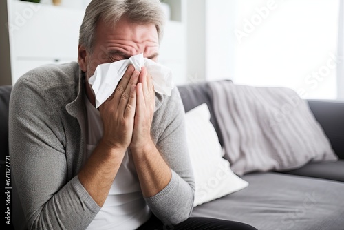 Gray-haired, elderly man sneezes into a handkerchief while sitting on the sofa in the living room. Concept of self-isolation at home for cold and flu symptoms