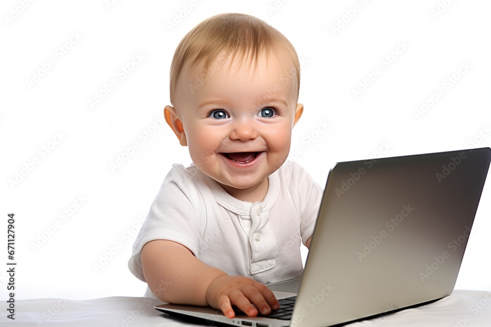 smiling baby working on laptop isolated on white smiling baby working on laptop isolated on white