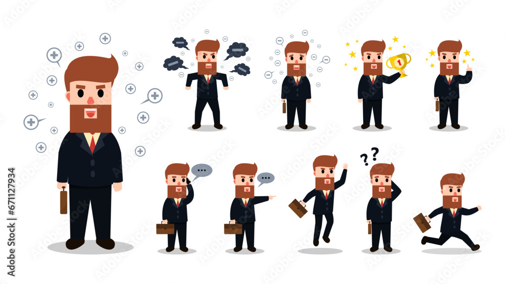 Set of Businessman character design. Man shows various emotions such as positive energy and negative energy. Managers who perform various actions such as talking on cell phones and receiving trophies Set of Businessman character design. Man shows various emotions such as positive energy and negative energy. Managers who perform various actions such as talking on cell phones and receiving trophies