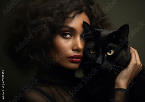 Studio portrait of a beautiful black woman and black cat