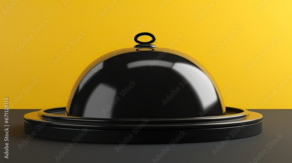 Obraz premium Black Dish with lid holding hands isolated on yellow, opened restaurant cloche, launch time promo banner concept. 3d rendering 