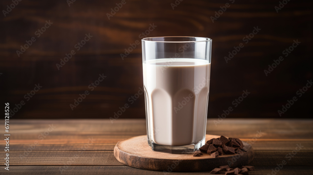 Chocolate milk in a glass on a wooden table Chocolate milk in a glass on a wooden table