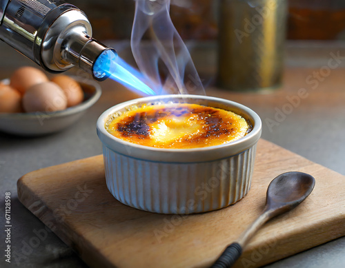Caramelized creme brulee with a kitchen blowtorch photo