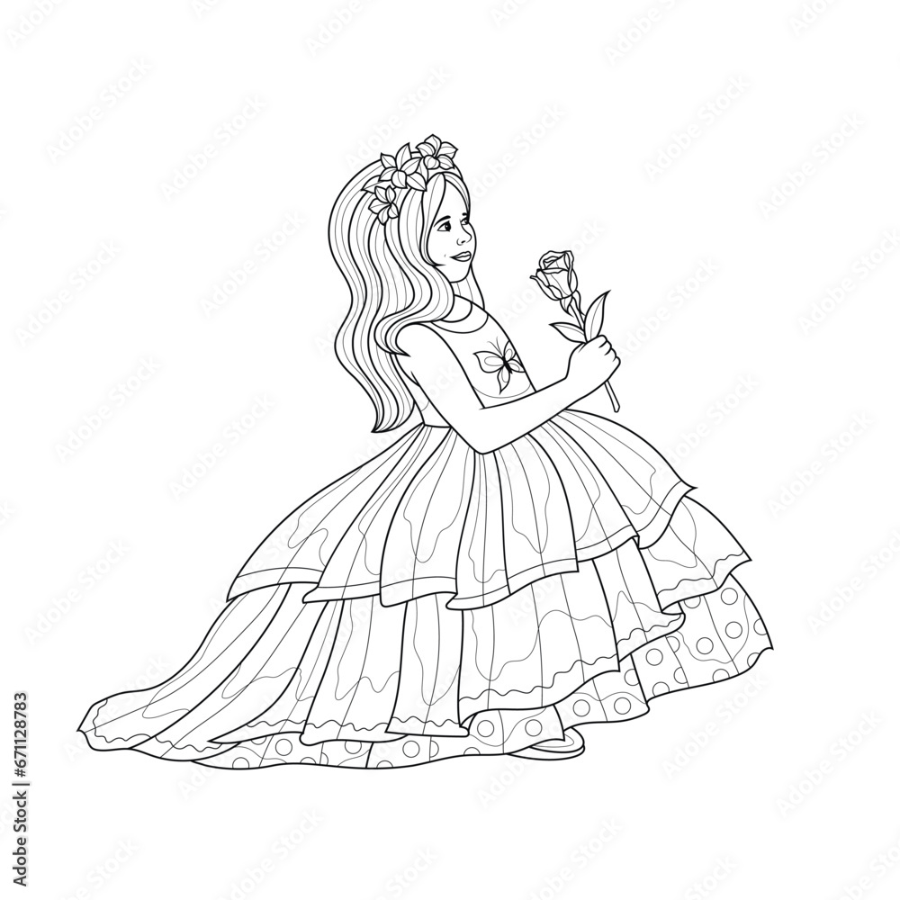 A girl in a dress and with a flower in her hands.Coloring book antistress for children and adults. A girl in a dress and with a flower in her hands.Coloring book antistress for children and adults.