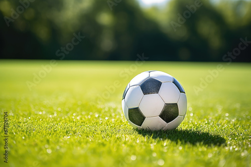 Classic black and white soccer ball on green grass. Active lifestyle, amateur football, street soccer, activity for children, teenagers, summer camp concept © vejaa