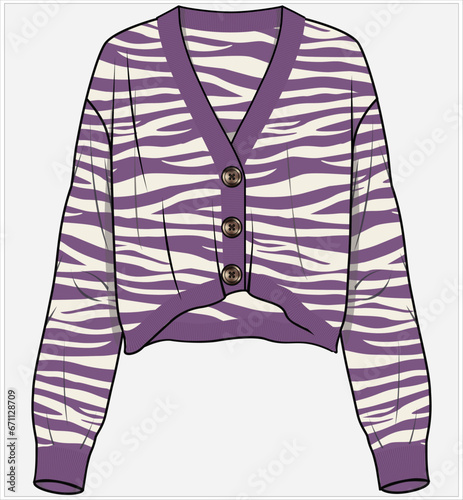 WOMEN'S CROP BUTTON THROUGH V-NECK CARDIGAN IN ANIMAL PATTERN STRIPE PATTERN DESIGNED FOR WOMENS IN EDITABLE VECTOR
