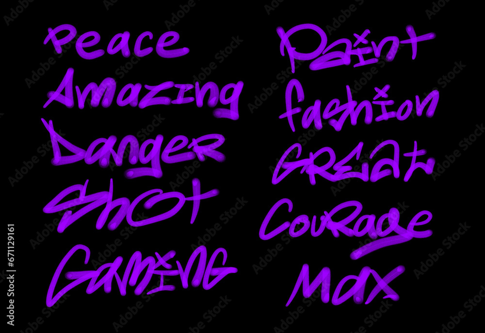 Collection of graffiti street art tags with words and symbols in violet color on black background