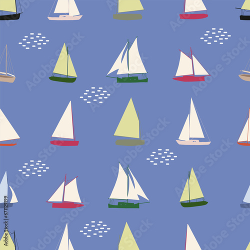 Boats seamless pattern. Summer sea print with sailing ships. Nautical vector background