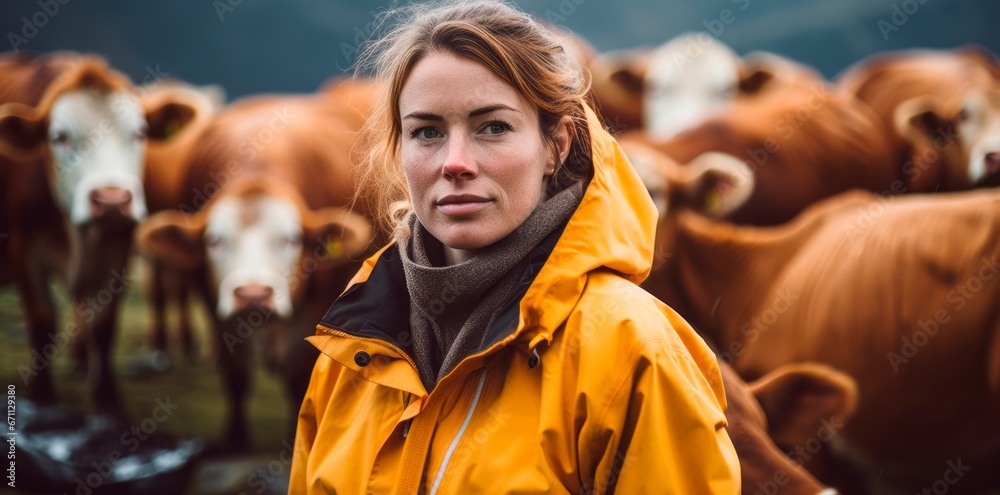 Portrait of a young woman on a farm with cows in the background. Woman farmer concept