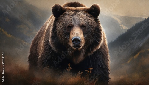 Detailed and evocative portrait of a majestic grizzly bear in its natural habitat during a dreamy sunset