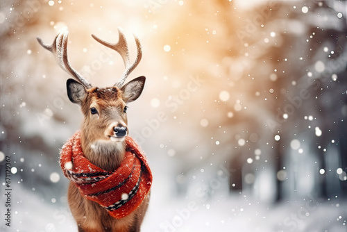 Elegant reindeer in a red Christmas scarf against snowy winter forest background. Holiday New Year greeting card concept. Animals in the wild.