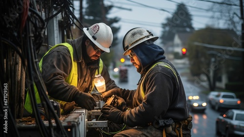 Unsung Heroes: Electrical Workers Repairing Urban Infrastructure During Misty Evening, City Life in Background 