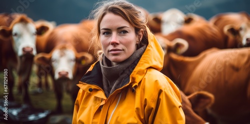 Portrait of a young woman on a farm with cows in the background. Woman farmer concept © XC Stock