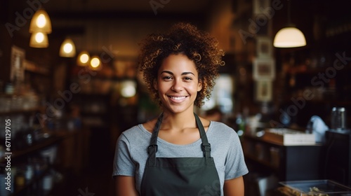 A radiant woman in glasses, adorned in an apron, graces the kitchen of a bustling restaurant with her warm smile and confident presence, surrounded by the vibrant walls and busy ambiance, embodying t