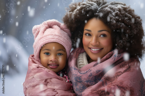 African American mother and son enjoying the winter in the outdoors