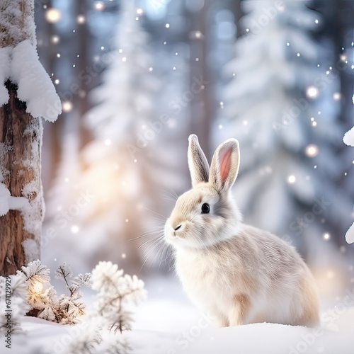 Cute rabbit or hare against snowy winter forest background. Holiday Christmas and New Year greeting card concept. Animals in the wild.