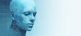 fusion of technology and humanity with a widescreen tech background featuring a wireframe humanoid head in soothing light blue colors. This captivating composition symbolizes AI synergy