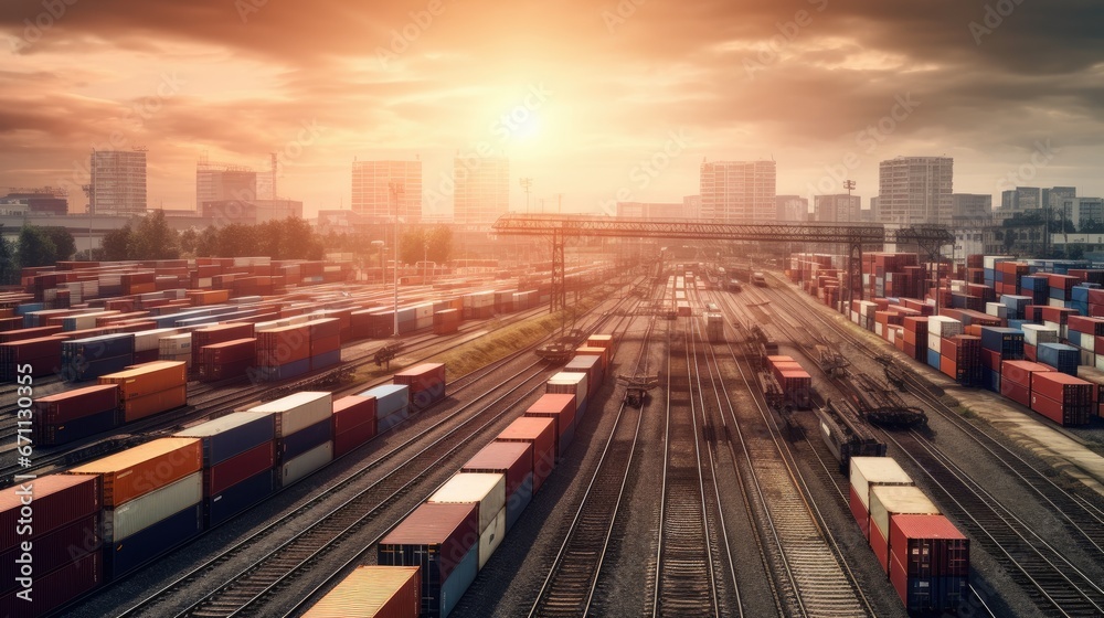 Fototapeta premium Global business of Container Cargo freight train for Business logistics concept, Air cargo trucking, Rail transportation and maritime shipping, Online goods orders worldwide 
