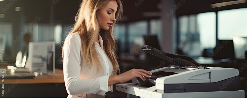 Woman using copy printer machine in modern office. Bussiness girl making copies of documents. Woman using copy printer machine in modern office. Bussiness girl making copies of documents.