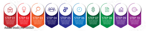10 step infographic, simple infographic design consisting of ten interrelated parts, circle design combined with lines, icons and colors, good for your business presentation