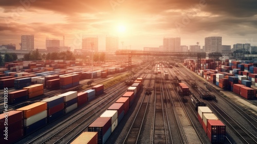 Global business of Container Cargo freight train for Business logistics concept, Air cargo trucking, Rail transportation and maritime shipping, Online goods orders worldwide 